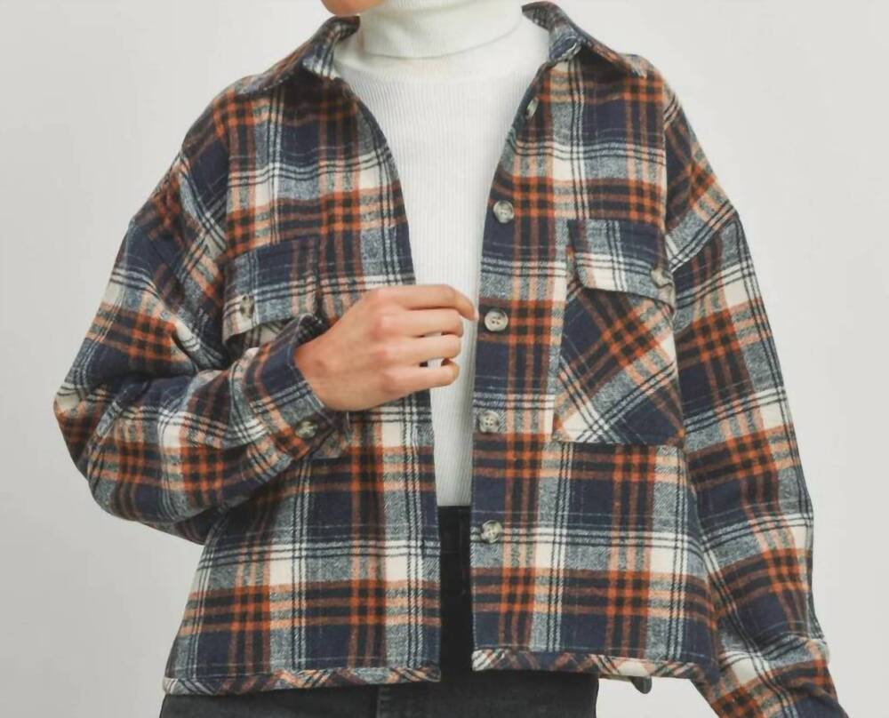 NEW BUTTERMELON oversized crop shacket in navy blue plaid